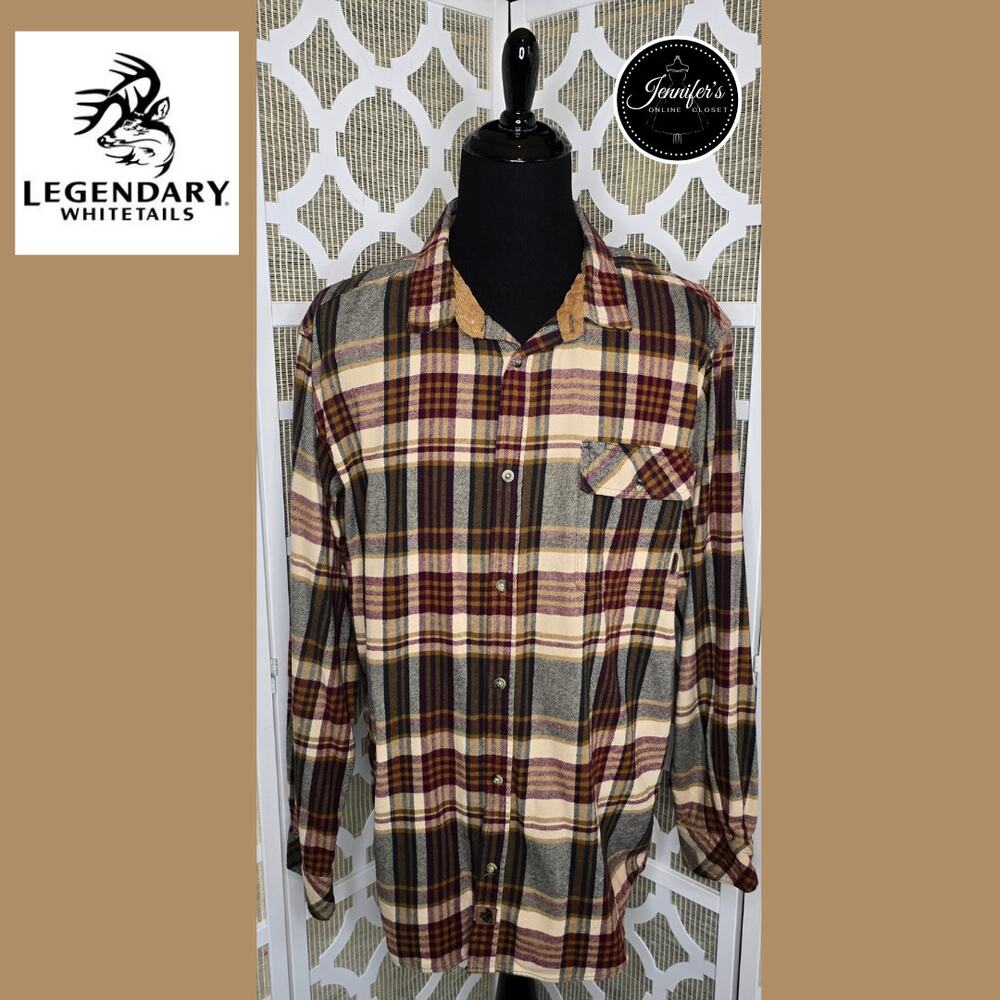Legendary Whitetails Men's Tan Burgundy Plaid Buck Camp Flannel Shirt 2XLT